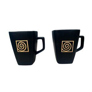 Disaronno Matte Black Ceramic Square Mugs Gold Spiral Design 4.5" Tall Set Of 2